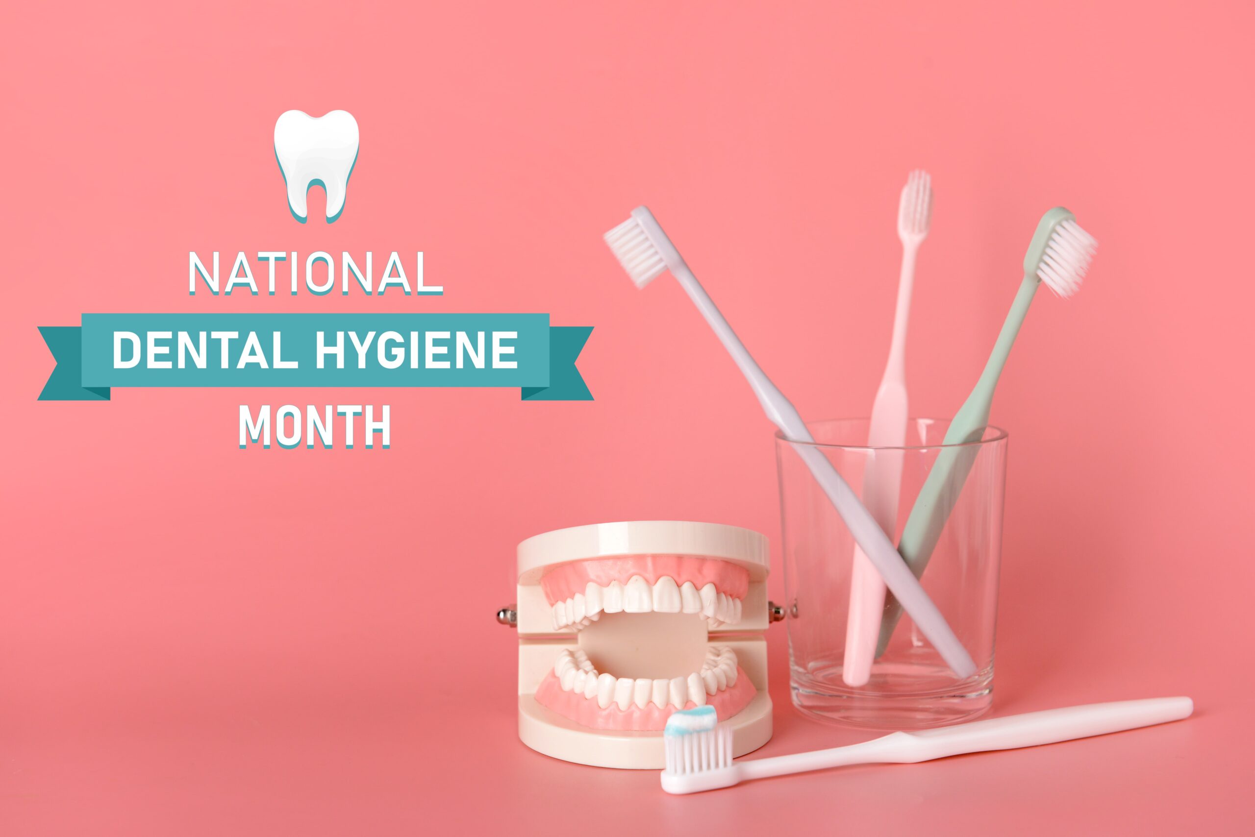 national dental hygiene month represented by teeth and toothbrushes